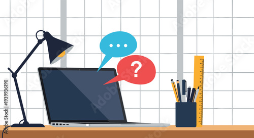 Modern laptop computer on a desk with a lamp and pencils featuring colorful question and message speech bubbles.