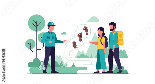 A male park ranger points to animal tracks and a tick icon as two hikers with backpacks observe in a stylized outdoor landscape, Generative AI.