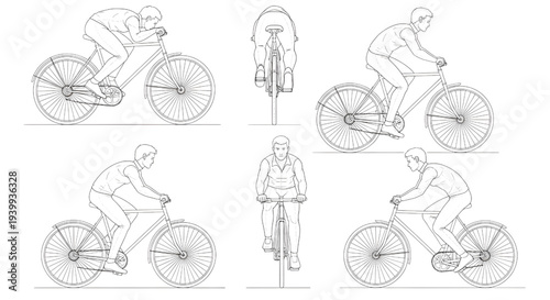 Cyclist Riding Bicycle AutoCAD Blueprint Vector – Multi View Human Transport Technical Drawing