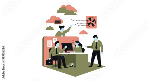 Three office workers are depicted in a cubicle with two men pointing at a frustrated woman while a fan blows air above them, Generative AI.