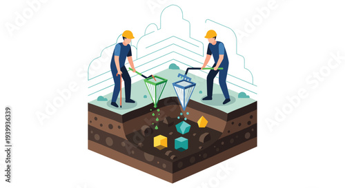 Two male workers in hard hats and blue overalls shovel colorful geometric minerals into nets from an excavated cross-section of earth, Generative AI.
