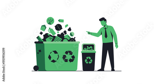 A man in a green shirt and dark pants points towards two recycling bins one overflowing with various green and black waste items on a clean white background, Generative AI.