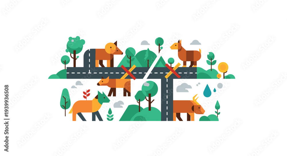 Fototapeta premium Six distinct animals including bears deer a dog and a goat are positioned on a divided landscape featuring green trees roads with two red 'X' barrier signs and water droplets, Generative AI.