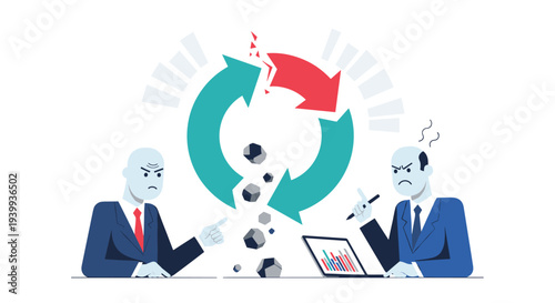 Two angry men in suits are separated by a broken circular arrow diagram from which small grey debris is falling, Generative AI.