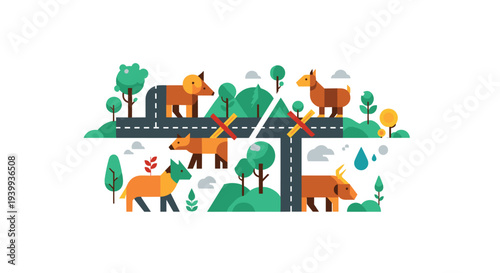 Six distinct animals including bears deer a dog and a goat are positioned on a divided landscape featuring green trees roads with two red 'X' barrier signs and water droplets, Generative AI.