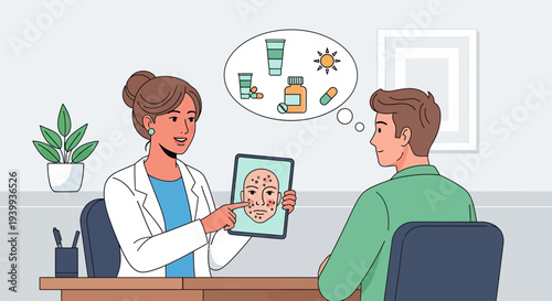 Dermatologist consults patient about acne treatment, showing skin condition on tablet