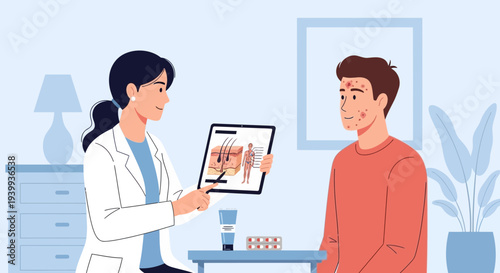 Dermatologist Consults Patient About Skin Condition, Shows Skin Layer Diagram on Tablet