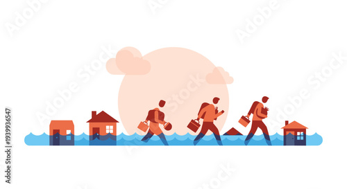 Three male figures carrying bags are wading through blue floodwaters that partially submerge houses under a large orange sun, Generative AI.