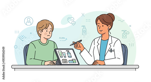 Dermatologist Consults Patient on Skincare Products Displayed on Tablet