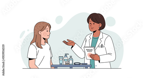 Dermatologist consults young patient about skincare and acne treatment with products