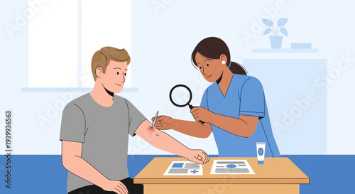 Dermatologist Examines Patient's Arm Rash with Magnifying Glass, Medical Consultation
