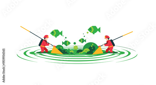 Two figures in red protective suits and hats are fishing with yellow nets in a circular green pool of water with jumping green fish, Generative AI.
