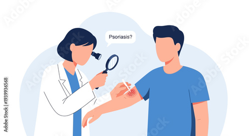 Dermatologist examines patient's arm for psoriasis with magnifying glass, medical consultation