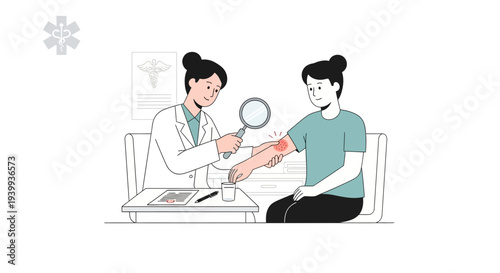 Dermatologist examines patient's arm rash with magnifying glass, medical consultation