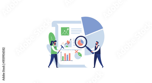 Two people one with a hammer and chisel and the other with a magnifying glass meticulously examine a document filled with diverse charts and graphs, Generative AI.
