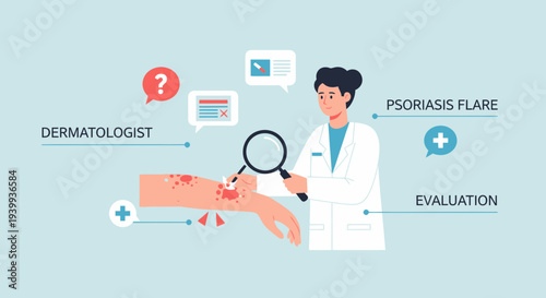 Dermatologist examines patient's arm with psoriasis flare, diagnosis and treatment concept