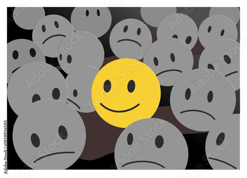 Yellow smiley ball in a lot of  dark sadness balls, making smile in a bad day 