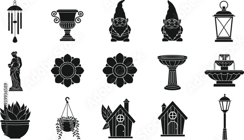 Collection of black garden decor silhouettes including garden gnomes wind chimes lanterns bird baths statues flower pots and decorative fairy houses isolated on white
