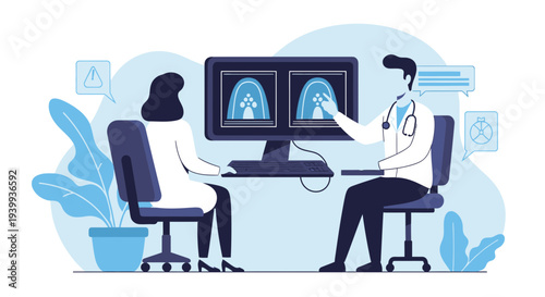 Doctor consulting patient with medical scan on computer screen in clinic office