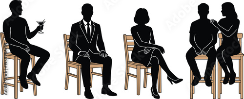 Silhouette people sitting on chairs, cocktail glass, formal man, elegant woman, comforting gesture, social interaction, vector illustration, black icons, design element