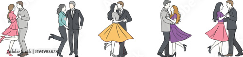 Romantic couples dancing and hugging flat vector illustration set, love relationship moments with stylish men and women