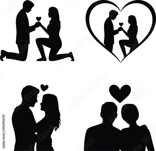 Romantic couple silhouettes with heart symbols, love relationship vector illustration, affectionate embrace artwork for Valentine’s Day romance passion