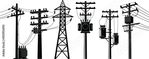 High Voltage Electric Power Transmission Towers and Utility Poles with Transformers Silhouette Set Vector Illustration for Energy Industry Infrastructure Engineering Network and Electrical Supply 