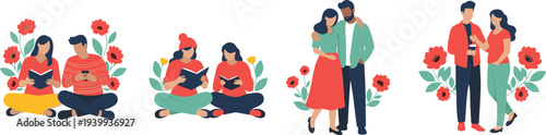 Romantic couples spending time together reading books and chatting flat vector illustration set with floral decorations