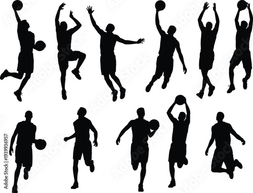 Basketball player silhouette illustration, sports action vector art, dribbling shooting dunking design, athletic movement icon, dynamic game figure, cad drawing flat vector illustration