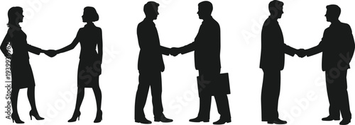 Black silhouette of business people shaking hands, professional men and women closing deals, CAD drawing flat vector illustration, isolated on white.