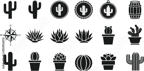 Large collection of black cactus and succulent silhouettes featuring saguaro desert plants potted agave barrel cactus and prickly pear isolated on a white background