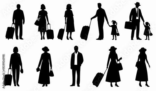 Travelers silhouettes vector set. Men, women, and families with luggage isolated on white background.