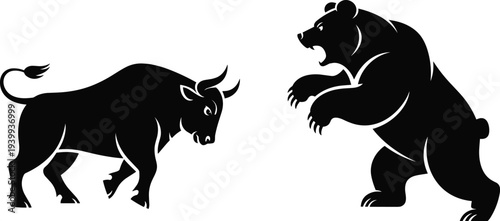 Bull and bear silhouette illustration, stock market vector art, financial trend design, investment icon, trading symbol figure, cad drawing flat vector illustration