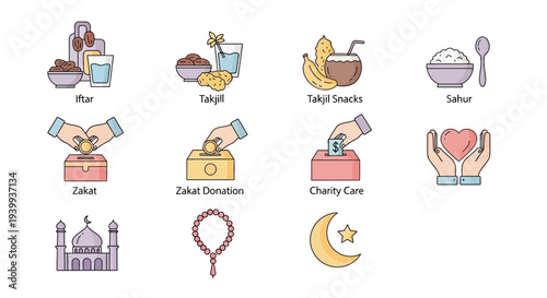 Islamic icons ramadan fasting and charity symbol set illustration