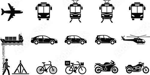 Set of black transportation icons including airplane bus train ship car helicopter bicycle motorcycle and delivery bike silhouettes isolated on a white background for design