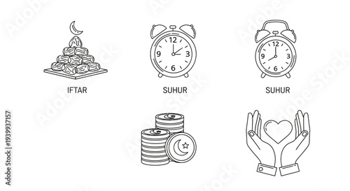 Islamic icons ramadan symbols in clean black and white line art