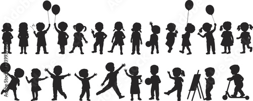 Children silhouette illustration, kids playing vector, childhood activity design, fun recreation art, school learning icon, cad drawing flat vector illustration