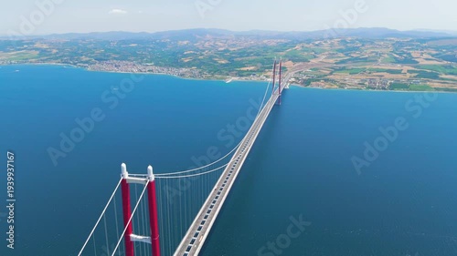 Wallpaper Mural Lapseki, Turkey. 1915 Canakkale Bridge, the world's longest suspension bridge, spanning the Dardanelles strait at sunset. Aerial View Torontodigital.ca