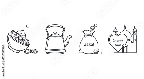 Islamic symbols and charity icons in clean line art style