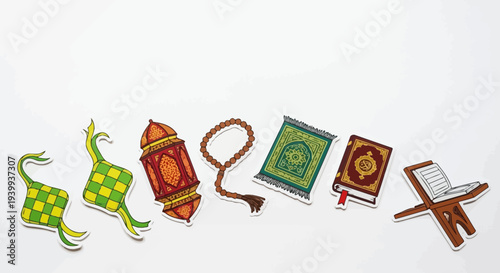 Islamic symbols and decorations against white background for design