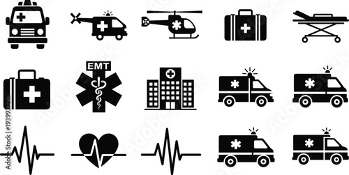 Set of emergency medical icons including ambulances helicopters hospital building medical bags heart rate pulse and stretcher silhouettes isolated on a white background