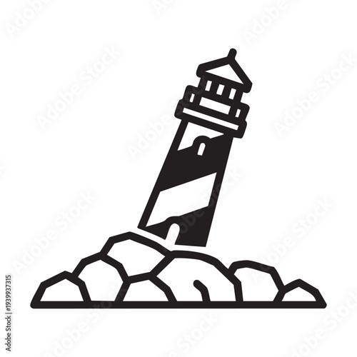 A black and white drawing of a lighthouse on a rocky shore