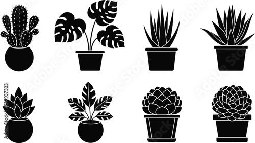 Set of eight indoor houseplant silhouettes including monstera cactus and succulents in ceramic pots isolated on white background for minimalist interior design icons