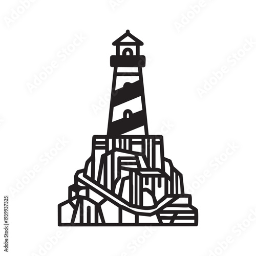 A black and white drawing of a lighthouse on a rocky coastline