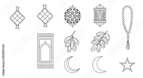 Islamic symbols and decorations line art for cultural or religious themes