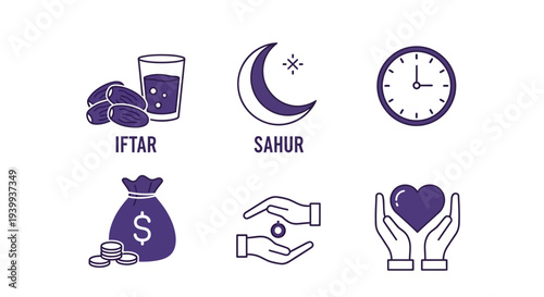 Islamic symbols and icons for ramadan fasting and charity illustration