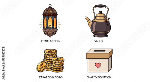 Islamic symbols and icons lantern teapot coins and charity box vector