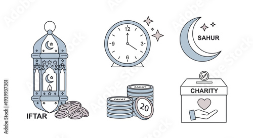 Islamic symbols and icons for ramadan fasting and charity