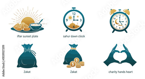 Islamic symbols and icons iftar sahur zakat and charity illustrations