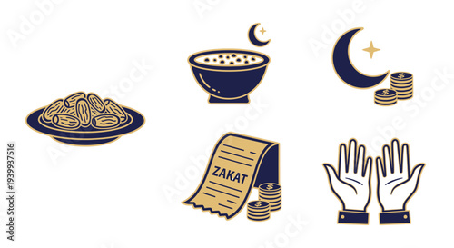 Islamic symbols dates soup moon coins zakat receipt praying hands